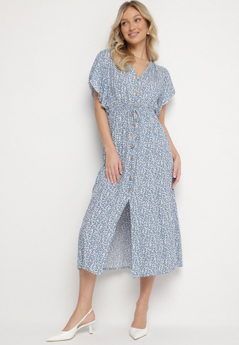 Rochie de bumbac albastră cloș cu imprimeu animal și nasturi decorativi Alulune