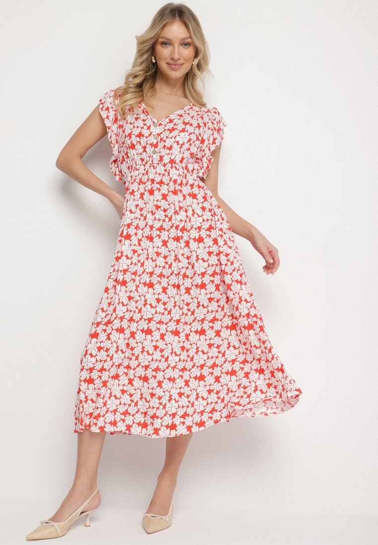 Rochie roșie din bumbac florală cu croială evazată cu elastic Alanilia