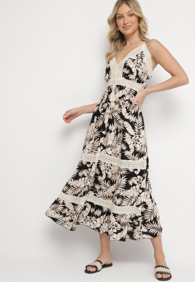 Rochie Neagră de bumbac Evazată cu Dantelă cu Imprimeu Tropical Alusela