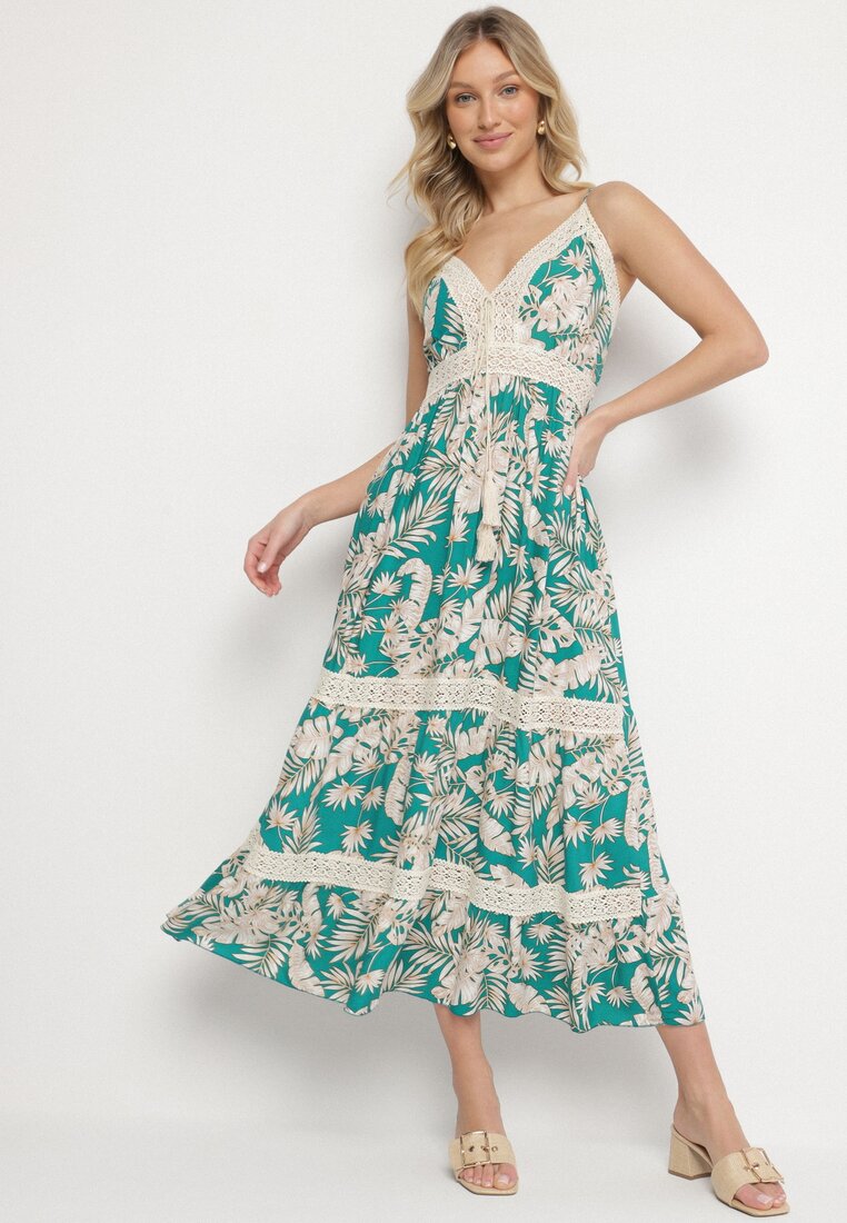 Rochie Verde din Bumbac Cloș cu Dantelă cu Imprimeu Tropical Alusela