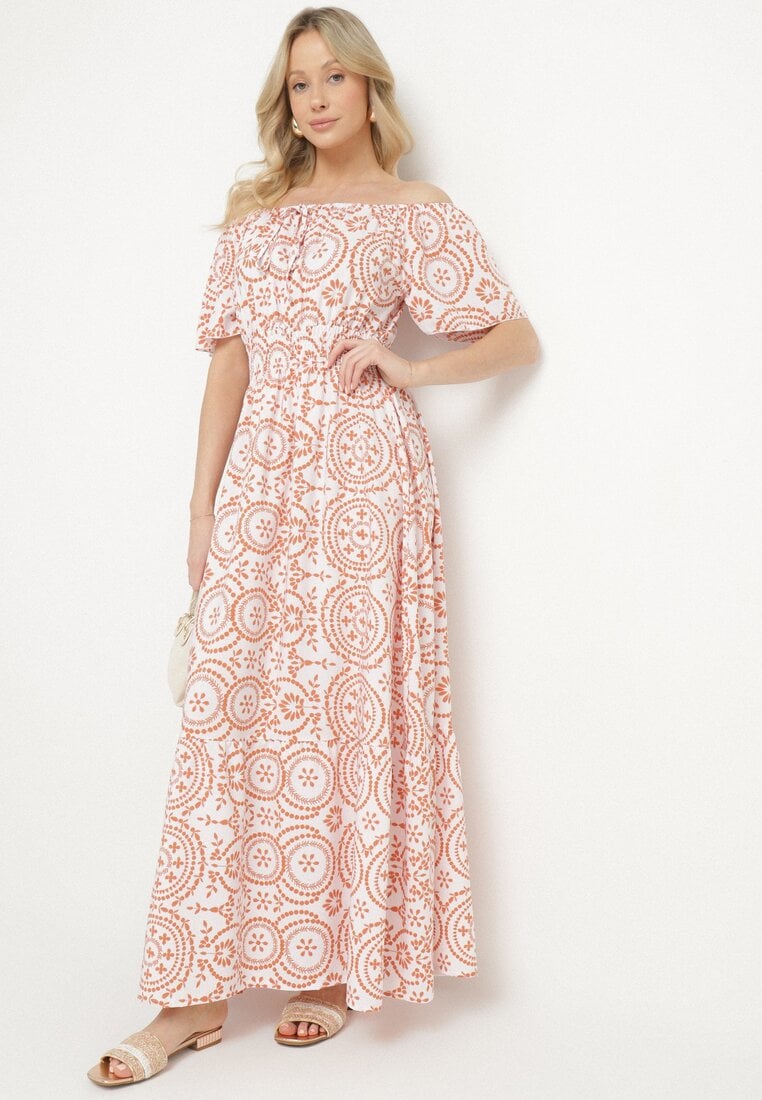 Rochie Cloș Alb-Portocalie din Bumbac și cu Model Abstract Ldivoria