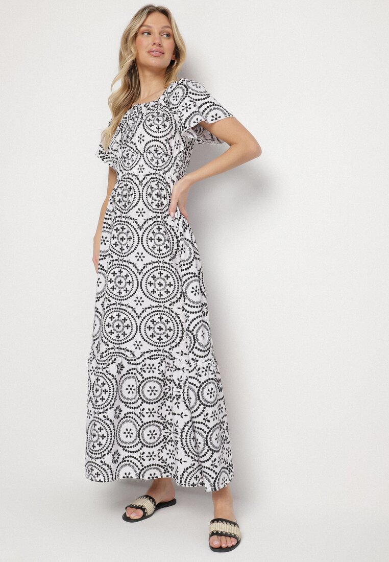 Rochie Evazată Alb-negru din bumbac și model abstract Ldivoria