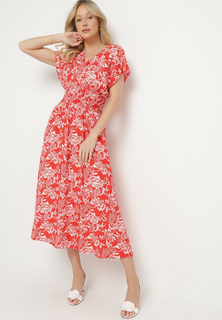 Rochie petrecută roșie cu bumbac cu imprimeu floral Ldivira