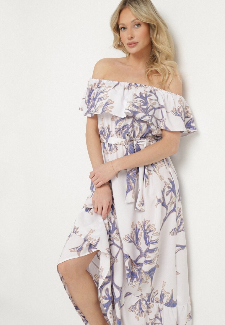 Rochie Spaniolă Albastru-Alb cu Croi Cloș cu Cordon Legat Sesiniela