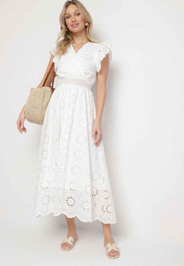 Rochie Albă Ajurată cu Decolteu petrecut și Mâneci bufante Ldivane