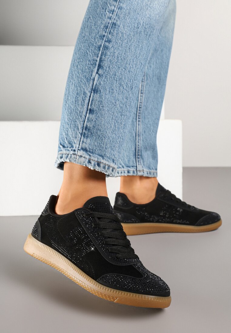 Adidași Negre pe Talpă de Cauciuc cu Zirconii Amondelle