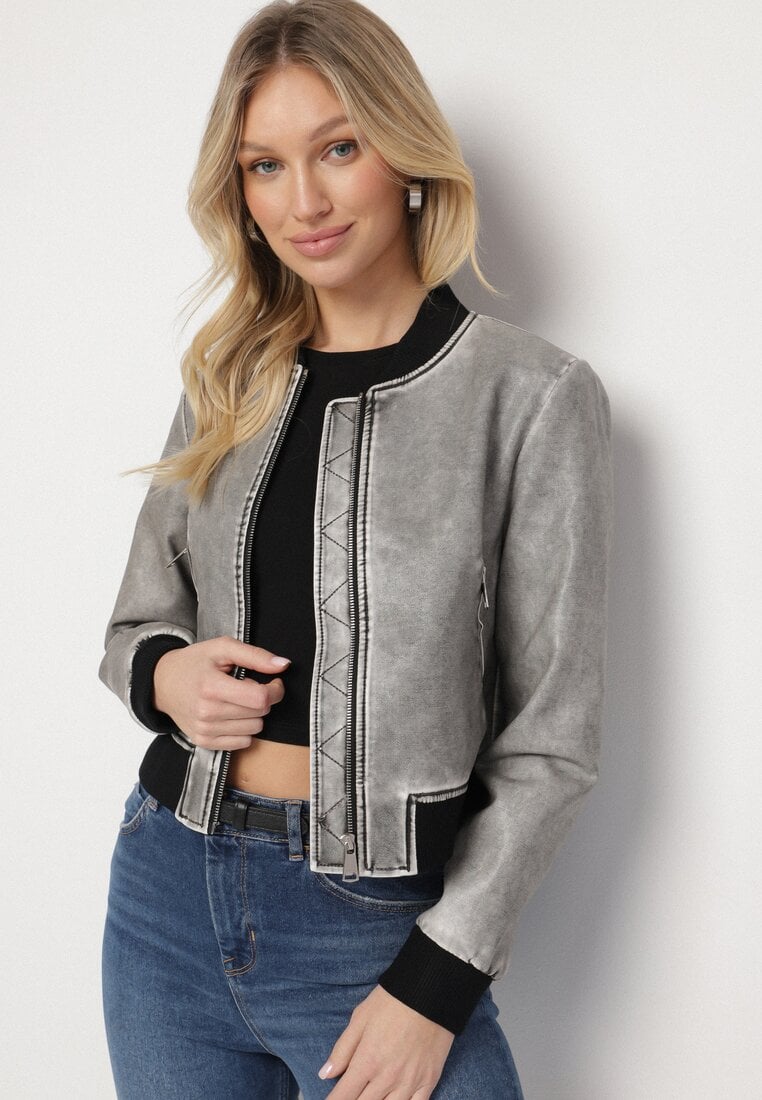 Geacă Gri închis tip bomber din imitație de piele Arivllia
