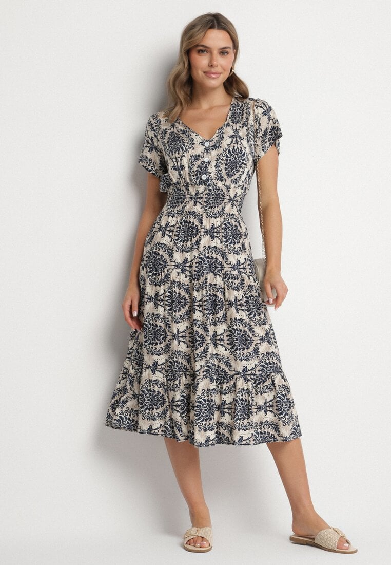 Rochie bleumarin din bumbac cu croi evazat cu elastic în talie Desilona