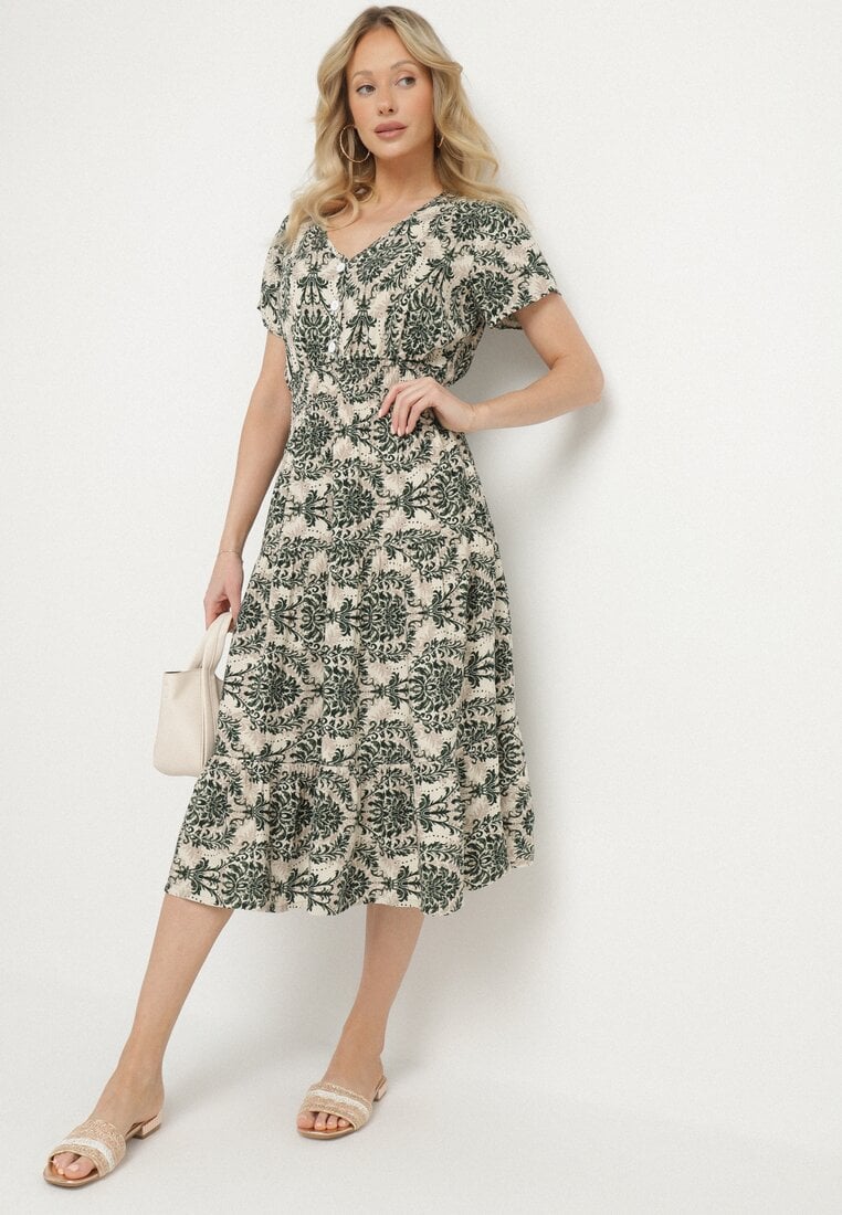 Rochie Verde închis de bumbac cu croi evazat cu elastic în talie Desilona