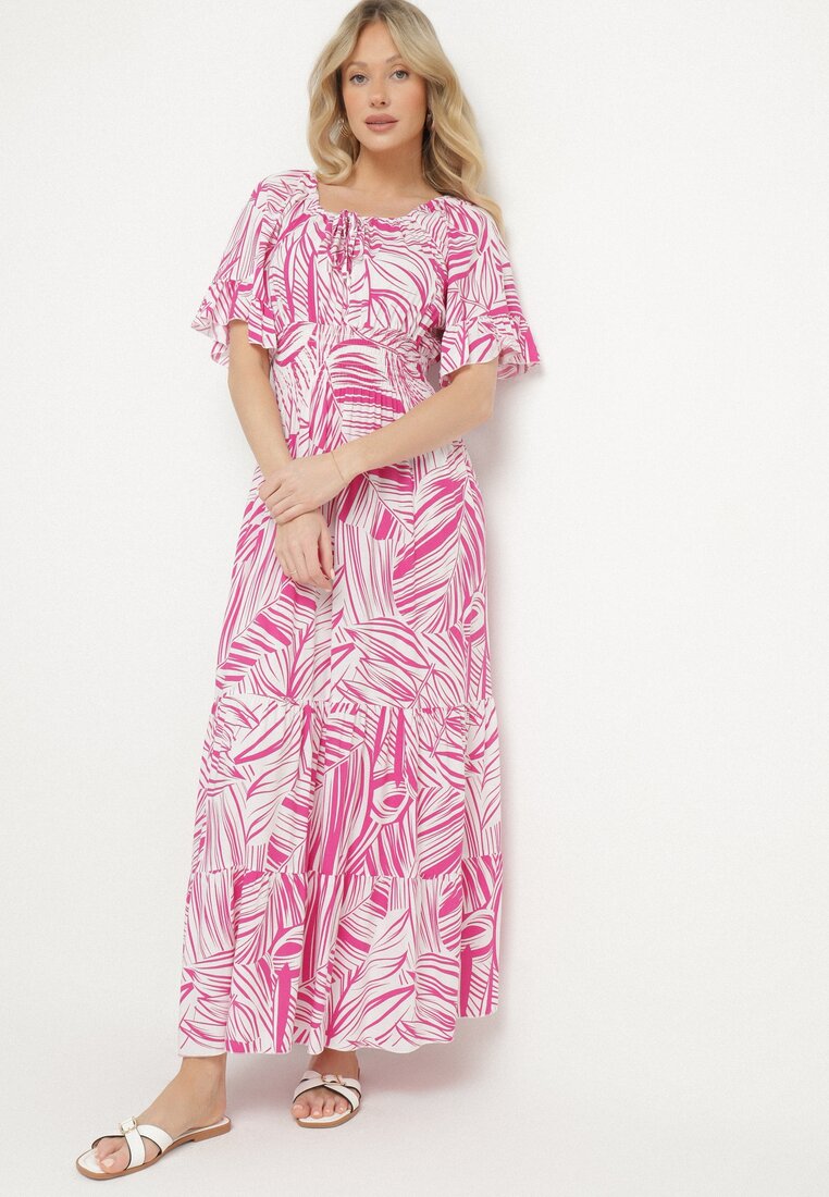 Rochie roz din bumbac evazată cu frunze Alaniva