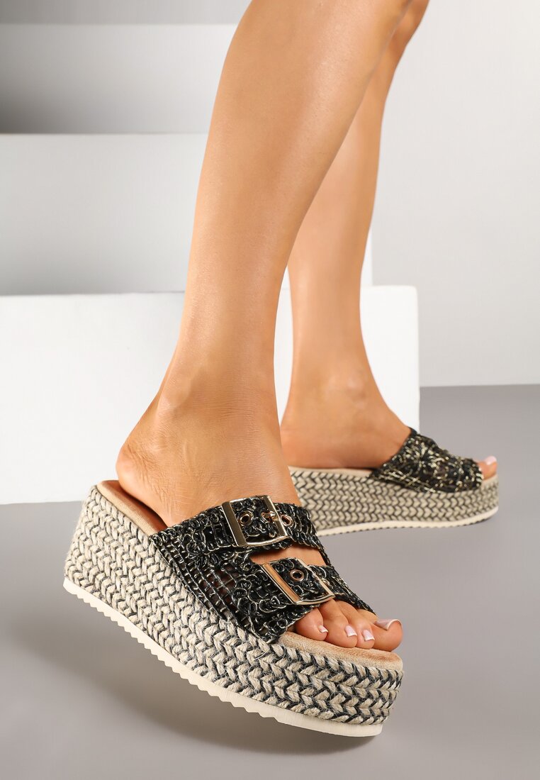 Papuci Negre pe platformă împletită cu bandă din tweed Desawena