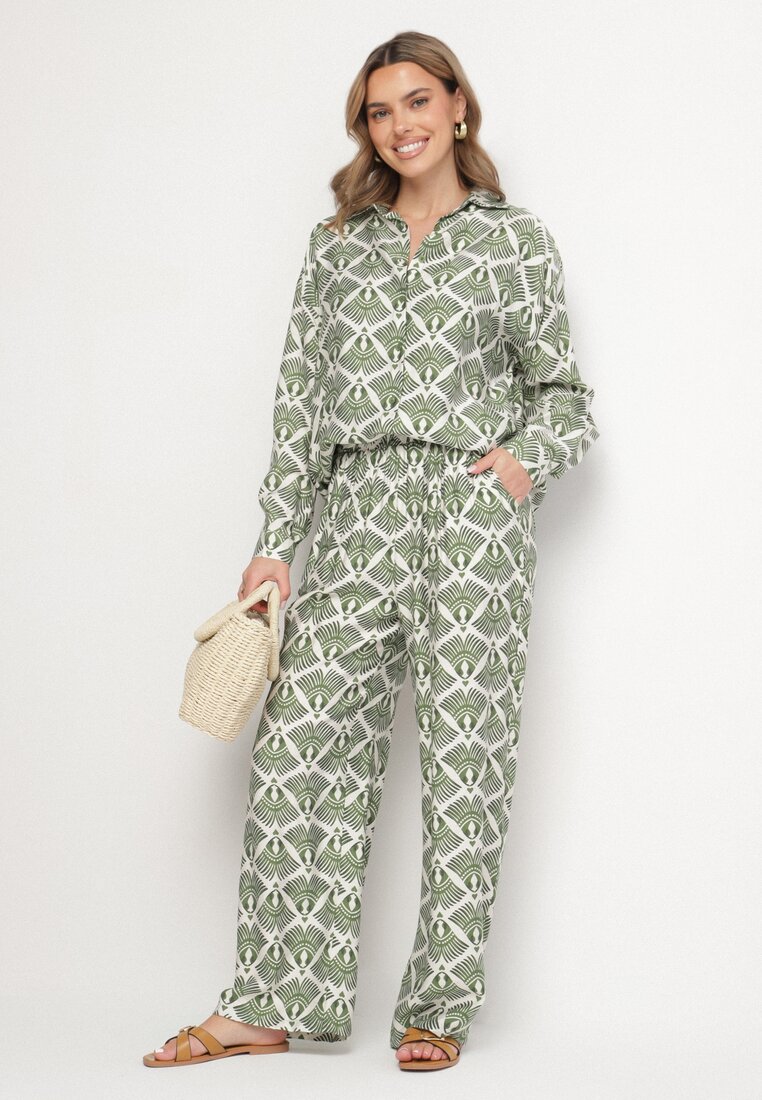 Set din viscoză Verde cu Model Etnic Cămașă și Pantaloni Desaviana