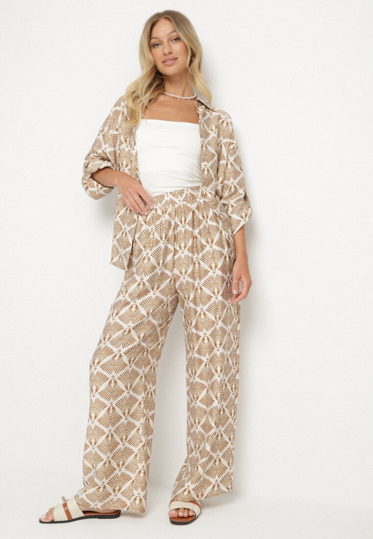 Set bej și maro din viscoză cu model etnic Cămașă și Pantaloni Desaviana