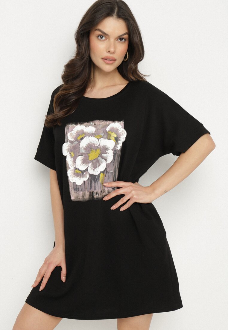 Rochie Neagră tip cutie cu Viscoză și Imprimeu Decorativ Elaniriel