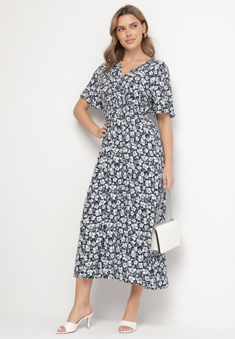 Rochie Petrecută Bleu Marin cu Model Floral și Croială Cloș Valriz