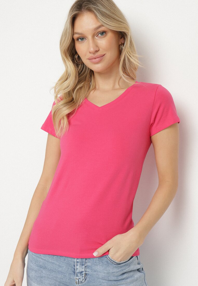 Tricou Roz din Bumbac cu Decolteu Triunghiular Tolilara