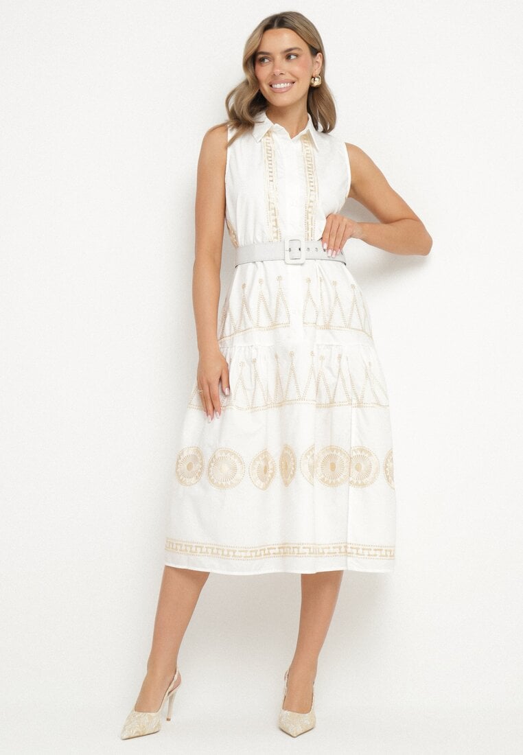 Rochie tip cămașă Albă cu Broderie Decorativă și Curea Mallivena