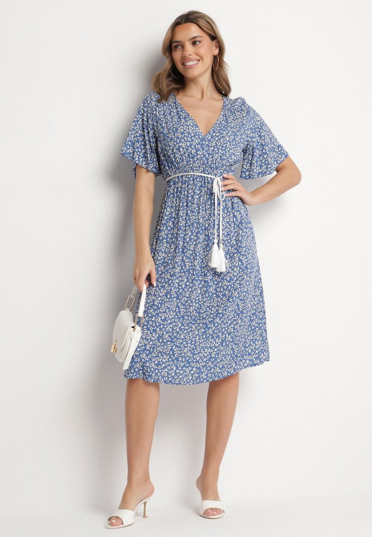 Rochie Albastră din Bumbac Evazată cu Flori Esirive