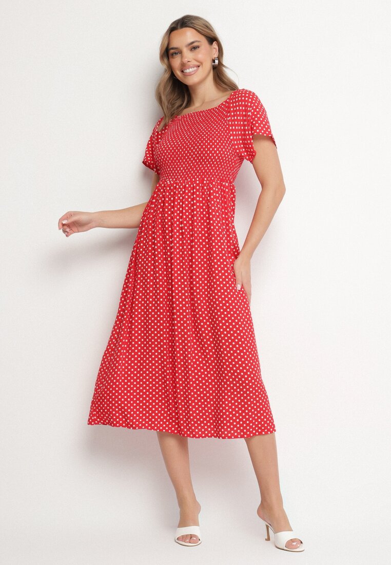 Rochie Roșie din Bumbac cu Croi Evazat cu Buline Lisadrisa