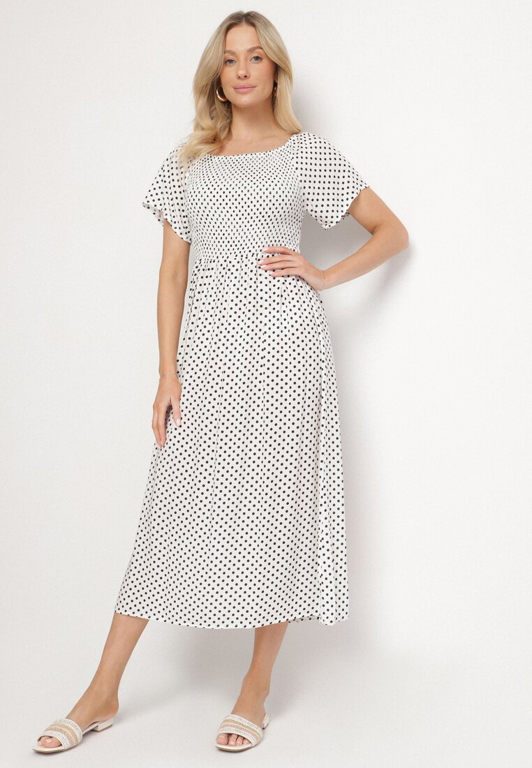 Rochie Albă din Bumbac cu croială Evazată cu Buline Lisadrisa