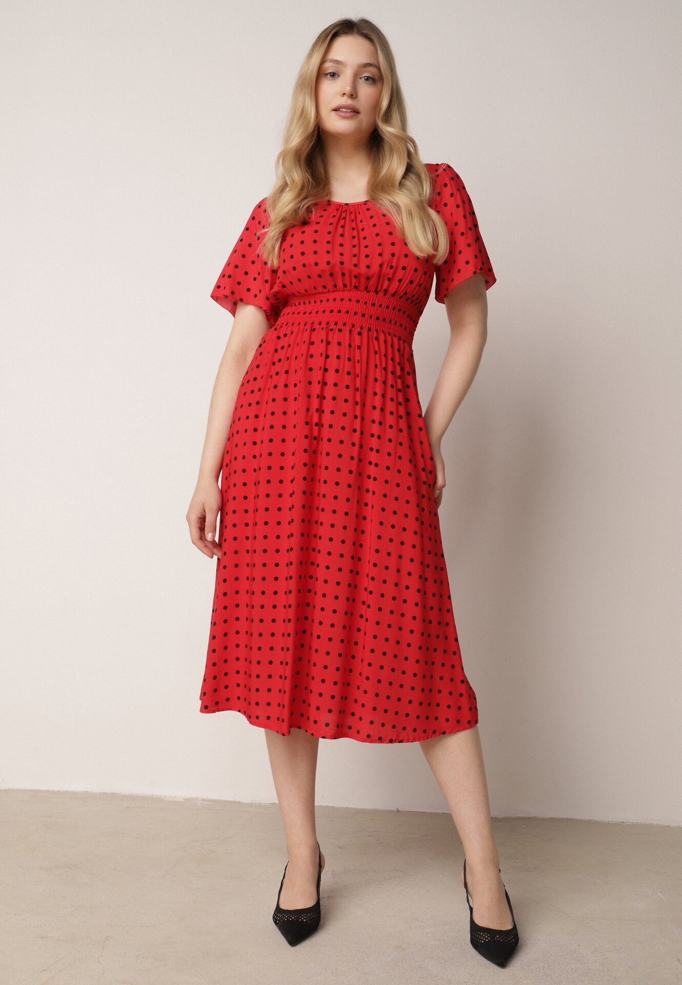 Rochie Roșie din Bumbac Cloche cu buline Toliennea