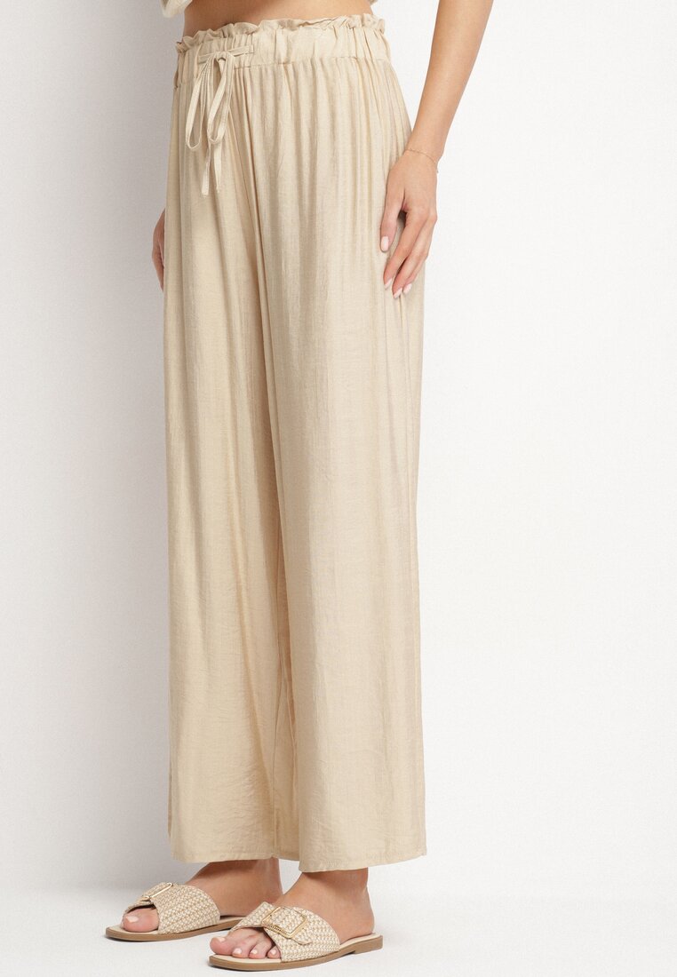 Pantaloni Largi Bej cu Talie Înaltă Decorați cu Șnur Teliriela