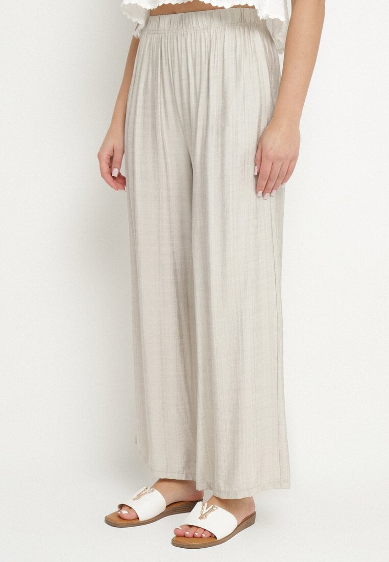 Pantaloni Gri deschis Largi Tip Palazzo cu Talie Înaltă Varlevi
