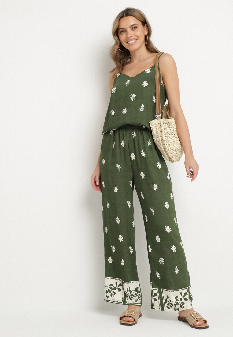 Compleu din viscoză verde închis maiou și pantaloni cu flori Adisira
