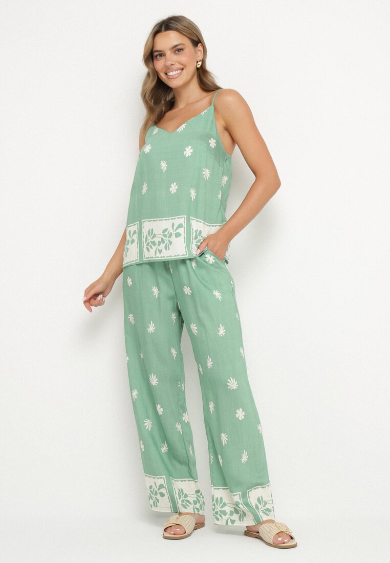 Set Menta Viscoza Maieu și Pantaloni cu flori Adisira