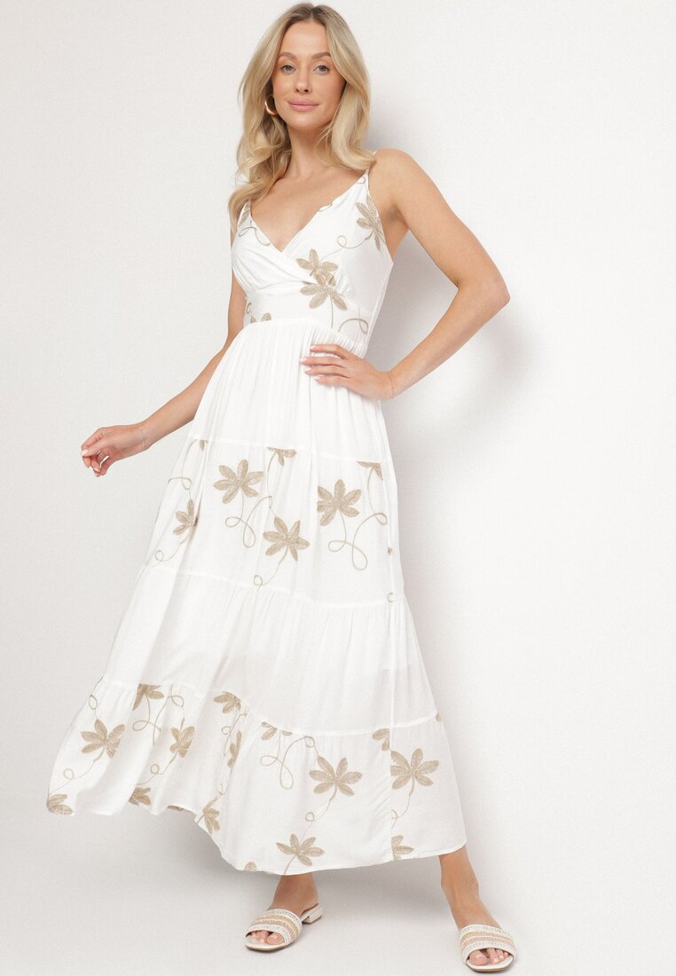 Rochie Albă Vâscoză cu bretele Brodată Telanelis