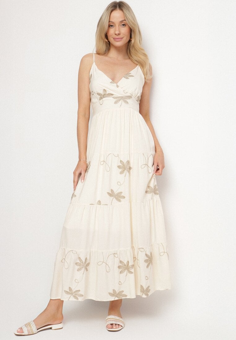 Rochie Bej-deschisă din viscoză cu bretele decorată cu broderie Telanelis