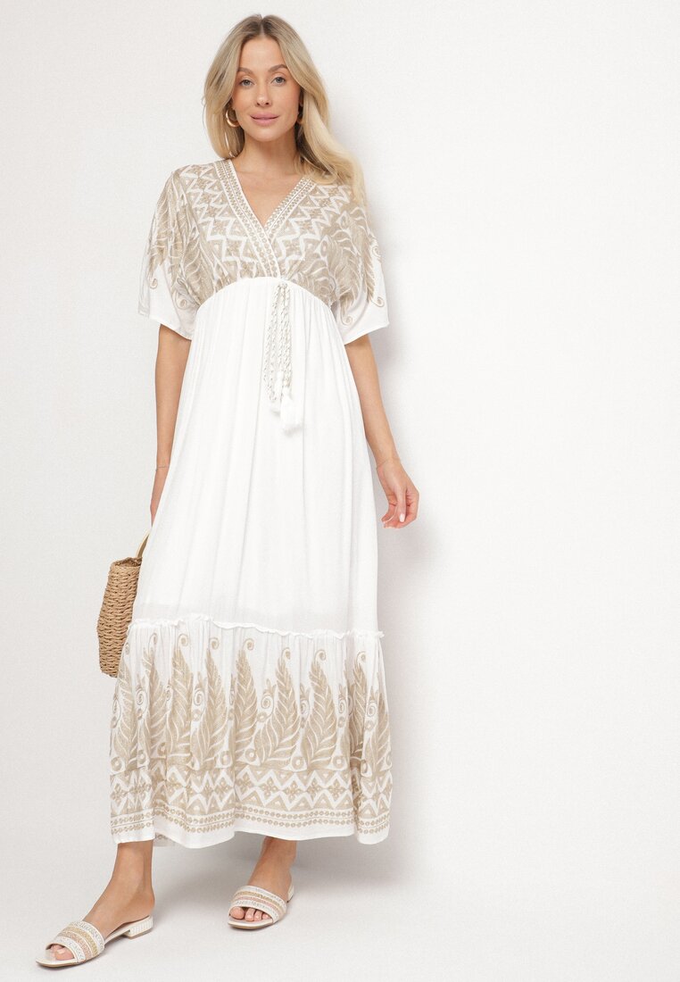 Rochie Albă de viscoză cu decolteu tip plic și broderie cu fir metalic Emhiris