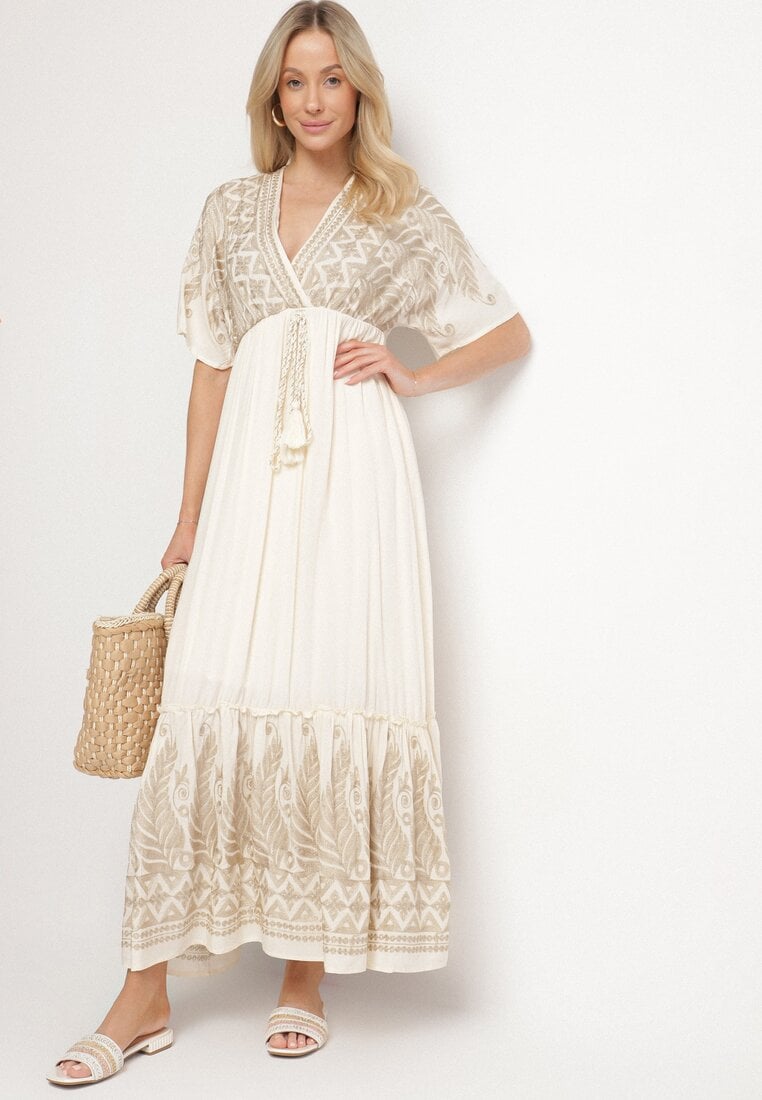 Rochie bej deschis din vâscoză cu decolteu petrecut și broderie cu fir metalic Emhiris