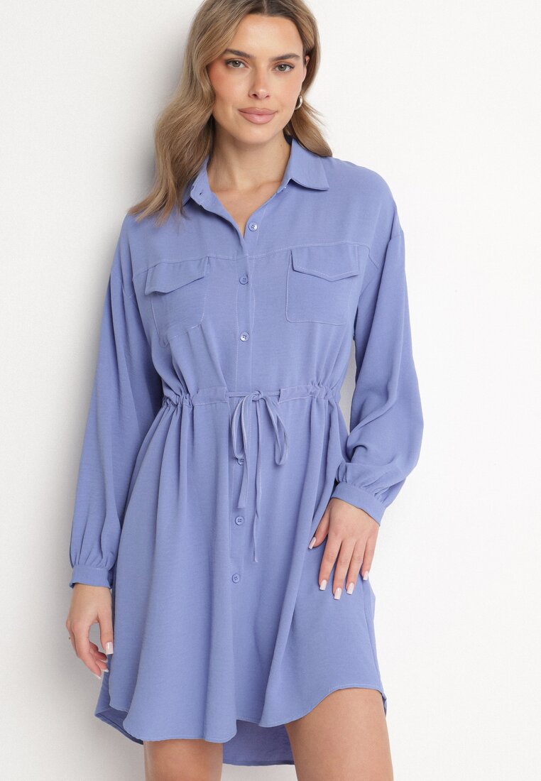 Rochie Tip Cămașă Albastră din Bumbac și cu Cordon în Talie Ulalienna