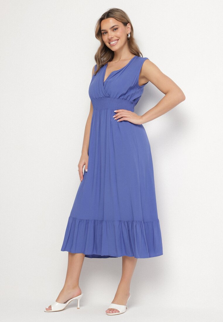 Rochie din vâscoză albastră cu croi petrecut și volan Uliria