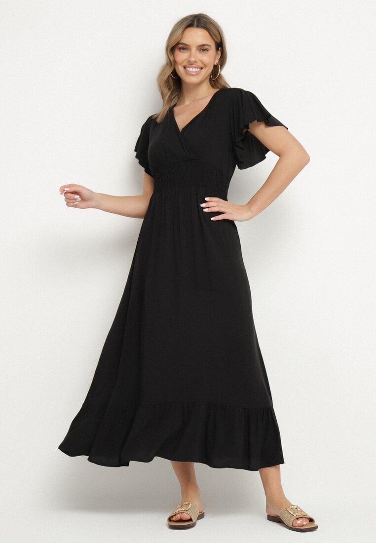 Rochie Neagră de Viscoză Petrecută Evazată Nellrive