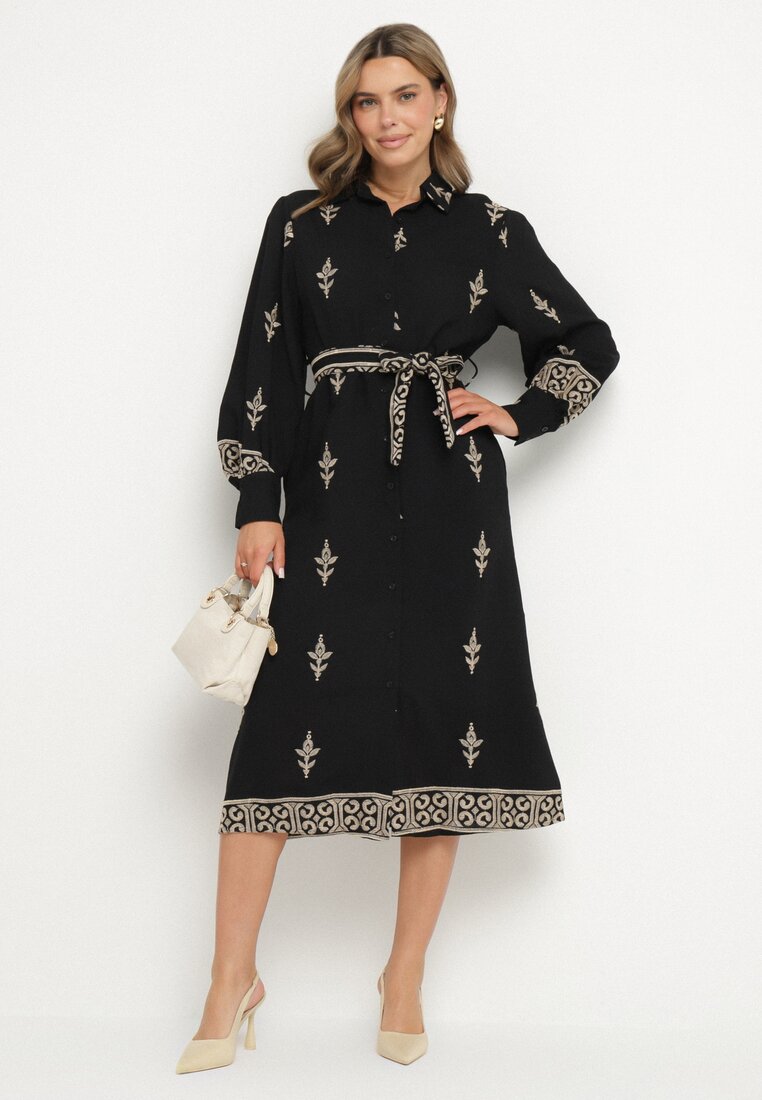 Rochie cămașă neagră din viscoză cu curea Telandora