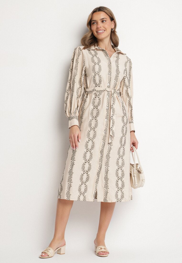 Rochie cămașă bej din viscoză cu cordon decorată cu broderie Rallisia
