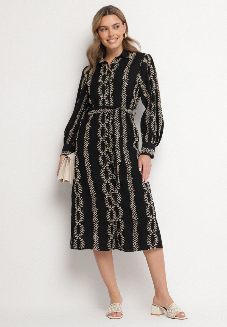 Rochie tip cămașă Neagră din Viscoză cu Cordon Legat Decorată cu Broderie Rallisia