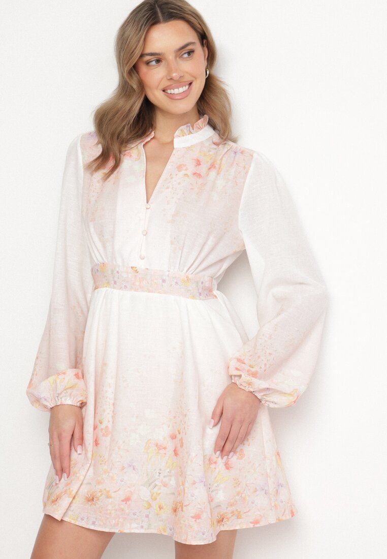 Rochie Roz cu flori cu croi evazat cu mâneci bufante Tulhira