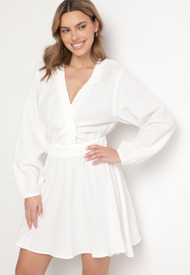 Rochie Albă Evazată din Bumbac cu Decolteu în V Sallorea