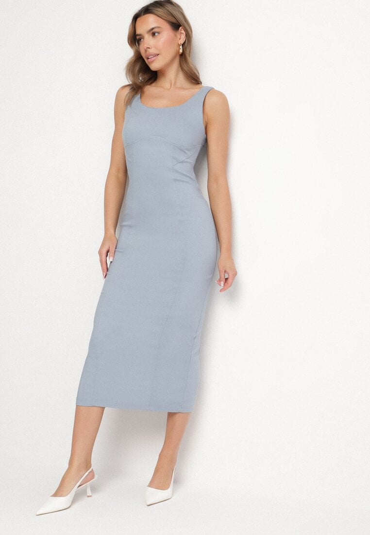 Rochie albastru deschis cu bretele din viscoză cu croi creion cu șliț Tirbia