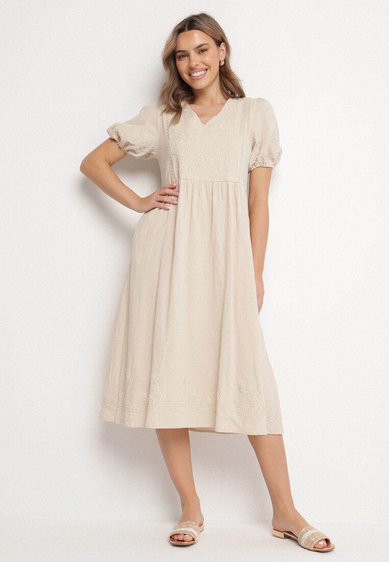 Rochie Bej Deschis Din Bumbac Boho cu croi evazat decorată cu broderie Lannivra