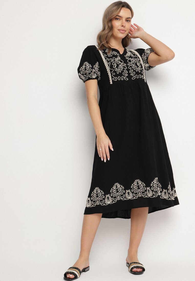 Rochie Neagră De bumbac Boho Cu croi evazat Decorată cu broderie Lannivra