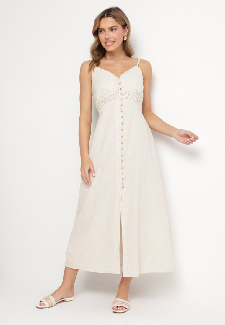 Rochie bej deschis din bumbac cu croială evazată, cu bretele și nasturi Firbia