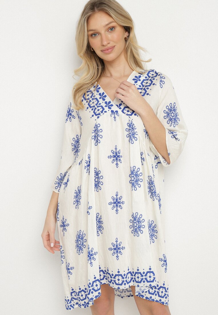 Rochie Albastru-Crem în Stil Boho cu Viscoză Davivara