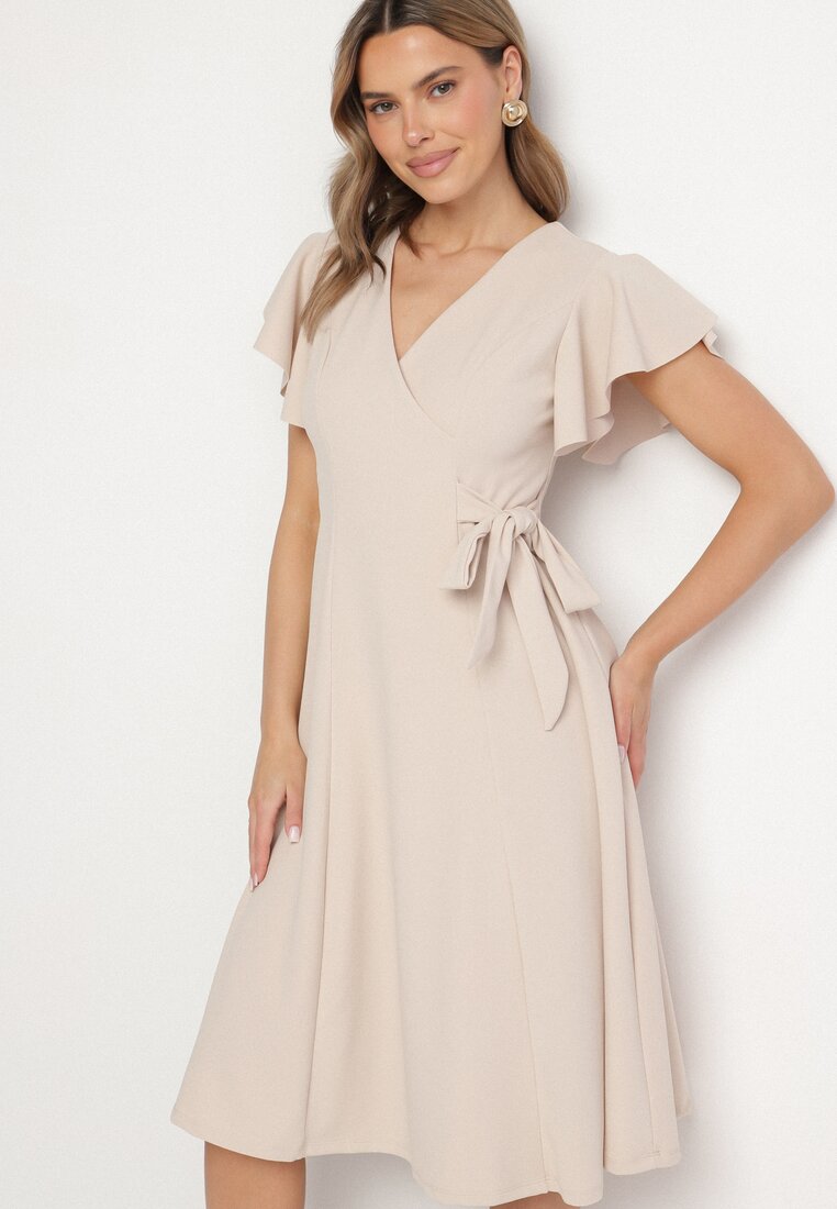 Rochie Bej Cloș Petrecută cu Cordon în Talie Dannila