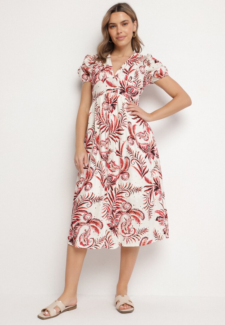 Rochie Roșie Evazată cu decolteu în V decorată cu model floral Evilirae