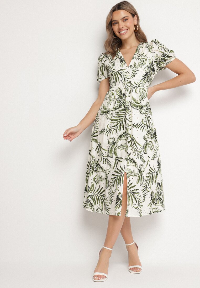 Rochie Cloș Verde cu decolteu în V Decorată cu model floral Evilirae