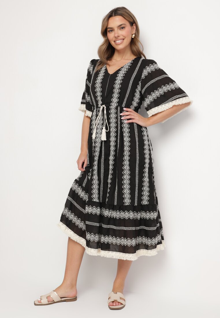 Rochie Neagră din Bumbac Stil Boho cu Croi Evazat, cu Legătură și Broderie Korithira